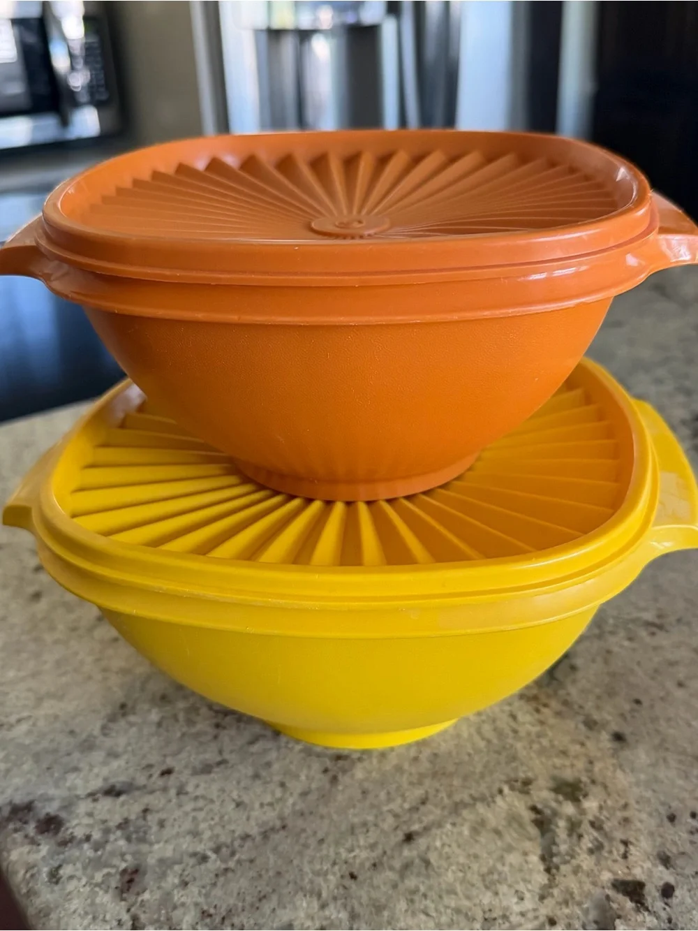 Vintage Tupperware Stackable Orange and Yellow Bowls with Lids